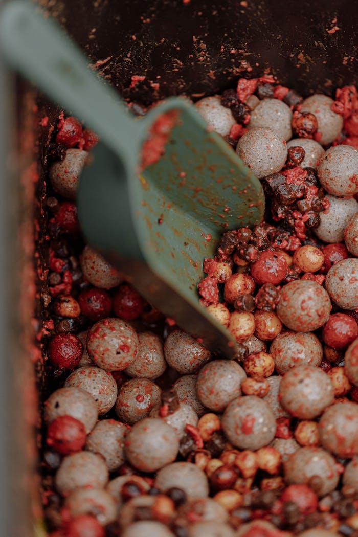 Detailed shot of various fish baits including tiger nuts and boilies in a scooper.